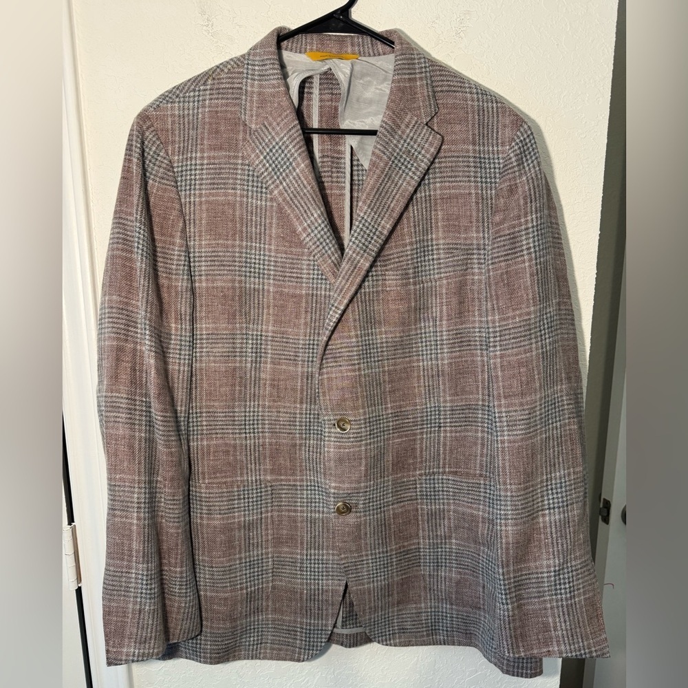 Hickey Freeman Weightless Wool Linen Sport Coat Mens 44R Rosewood Plaid Classic